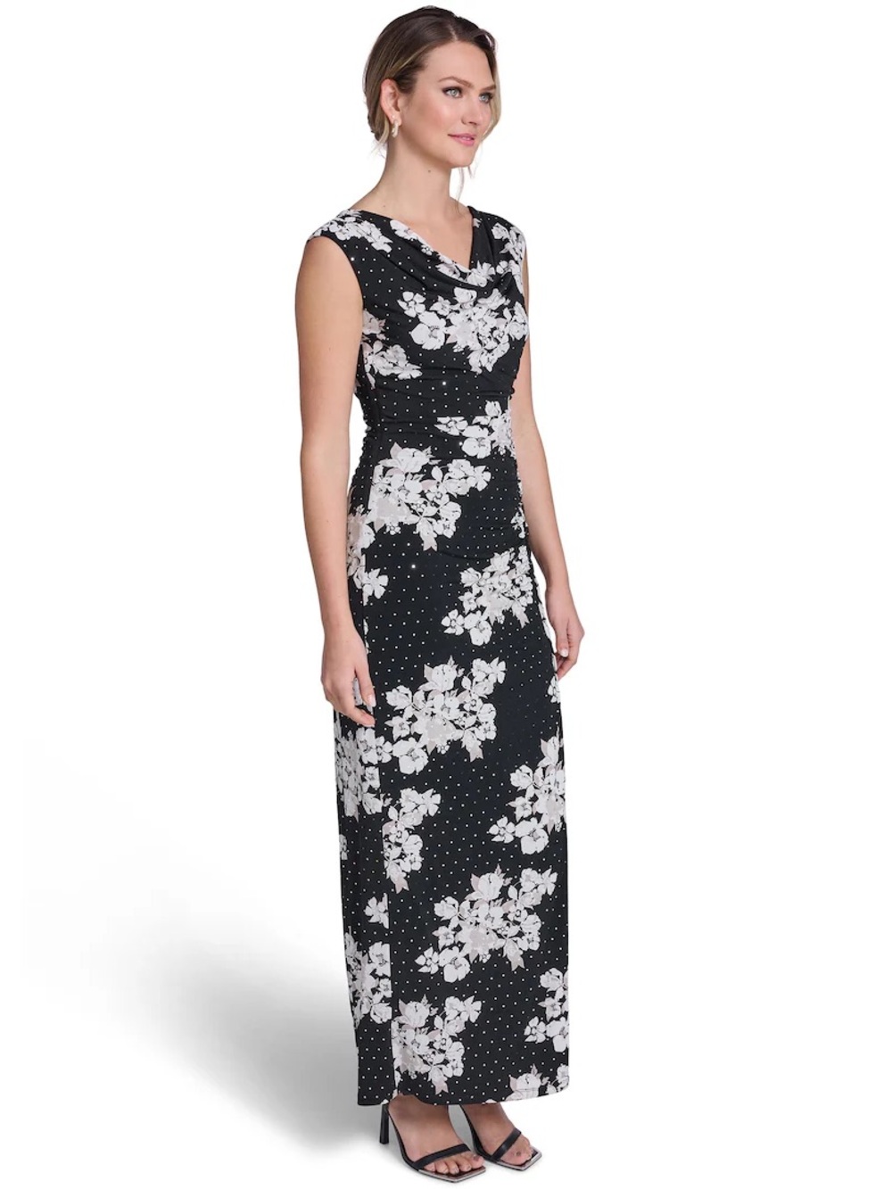 Jessica Howard Black and White Floral Cowl Neck Maxi Dress
